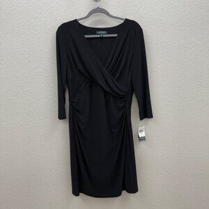 Lauren Ralph Lauren Black Wrap Midi Cocktail Dress Womens size 14 Petite NEW